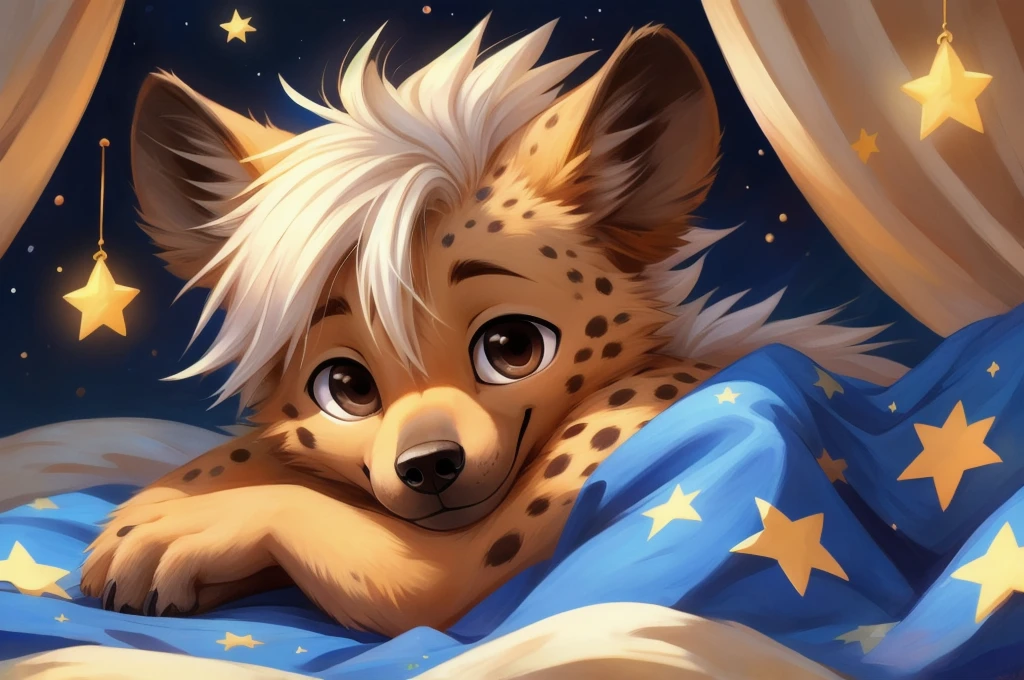 masterpiece,hyena,male,,Solitary,Delicate eyes,Brown eyes,paw,Hair,Pure white background,Cartoon style,White hair,Facing the camera,Smile,sleep,Covered with a blue quilt with a star pattern,Less details