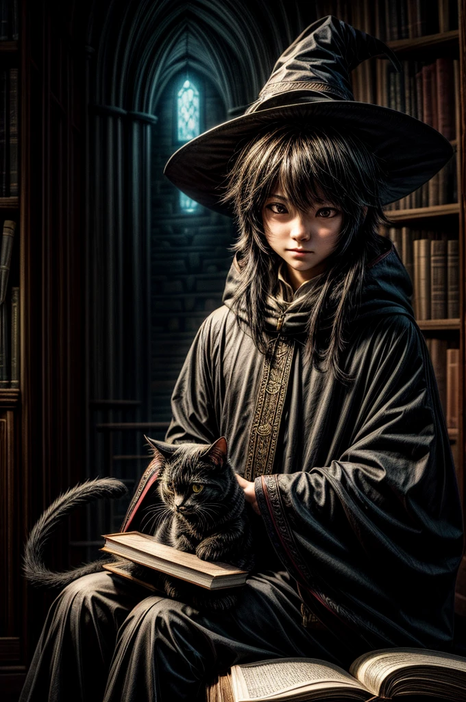 A cat sitting on a pile of books in a wizard library, wearing a black wizard hat, anime style, cozy magical atmosphere