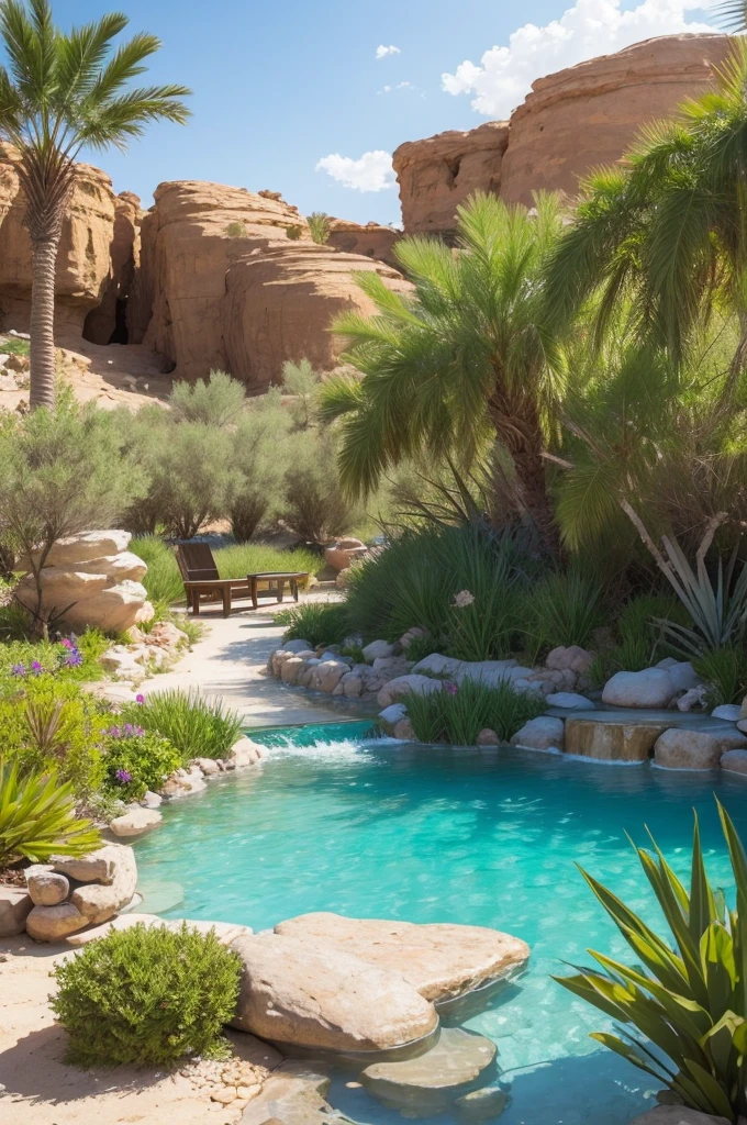 Create an oasis in the middle of desert vegetation, with crystal clear water and beautiful vegetation. It is a meeting point for travelers 