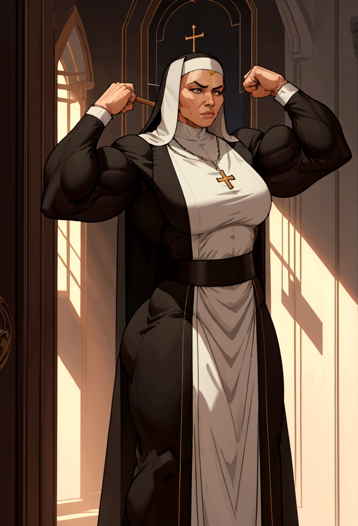 tall muscle nun womn flex her big biceps small suit cinematic lighting, ray tracing, Surrealism, high detail, modern, Realism, highres, high details, masterpiece, UHD, 8k, award winning