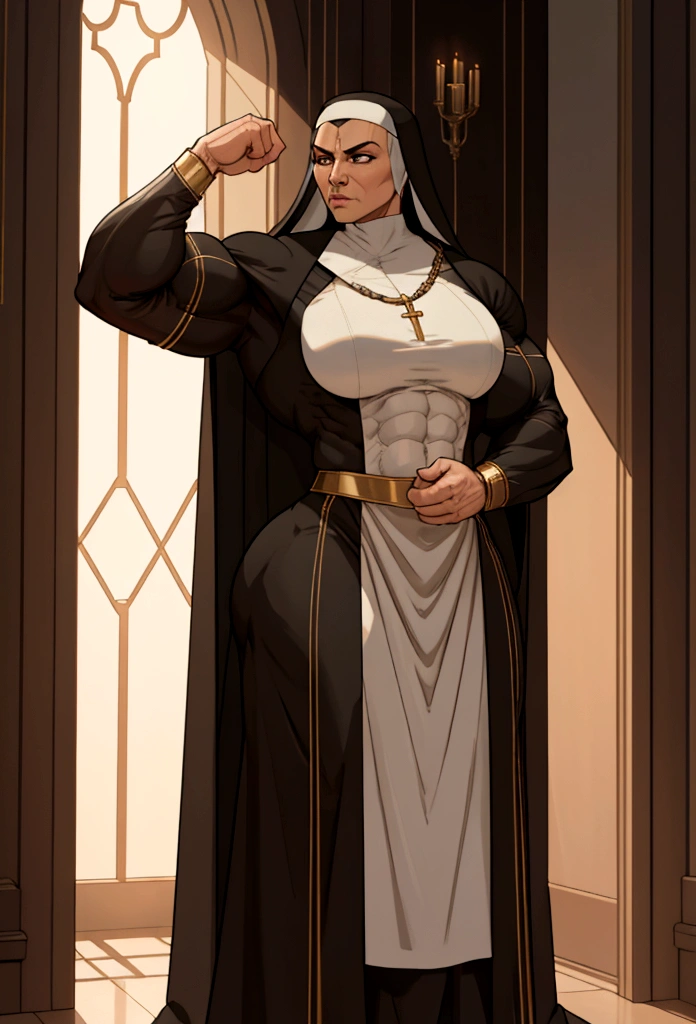 tall muscle nun womn flex her big biceps small suit cinematic lighting, ray tracing, Surrealism, high detail, modern, Realism, highres, high details, masterpiece, UHD, 8k, award winning