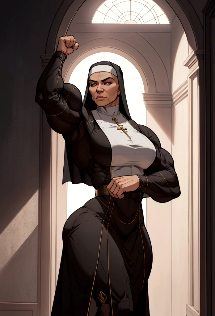 tall muscle nun womn flex her big biceps small suit cinematic lighting, ray tracing, Surrealism, high detail, modern, Realism, highres, high details, masterpiece, UHD, 8k, award winning