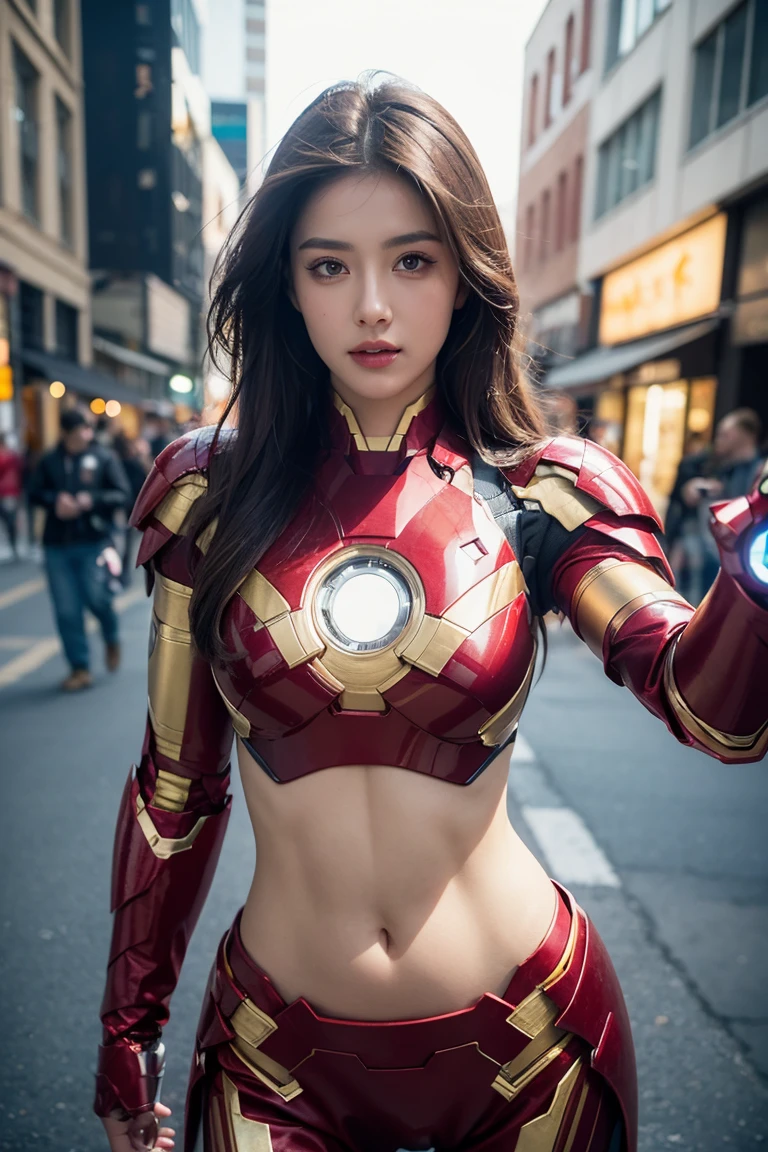 A girl wearing Iron Man armor，Exposing sexy belly,((cowboy shot))，Looking at the camera，Detailed facial features, beautiful eyes, Lips, and long eyelashes, Reality, 8K， Very detailed, Studio Lighting, Dramatic Lighting, Vibrant colors, work, City Streets，The abdomen is open，Showing belly，Sexy abdominal muscles