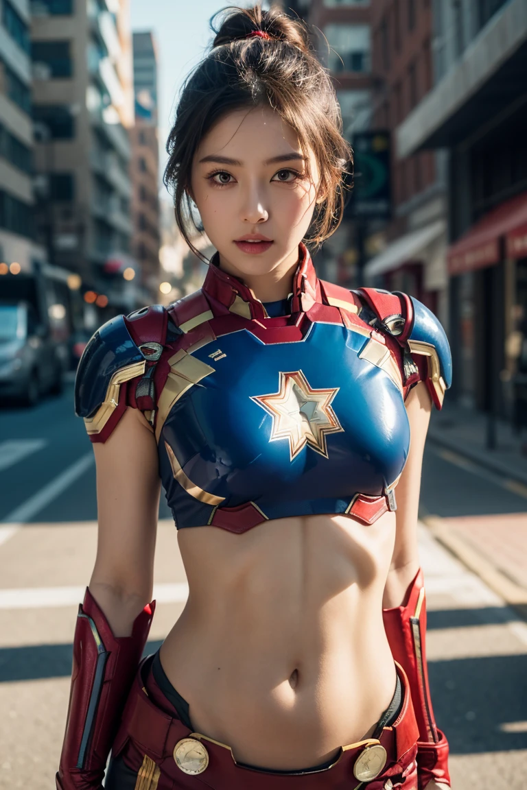 A girl wearing Iron Man armor，Exposing sexy belly,((cowboy shot))，Looking at the camera，Detailed facial features, beautiful eyes, Lips, and long eyelashes, Reality, 8K， Very detailed, Studio Lighting, Dramatic Lighting, Vibrant colors, work, City Streets，The abdomen is open，Showing belly，Sexy abdominal muscles