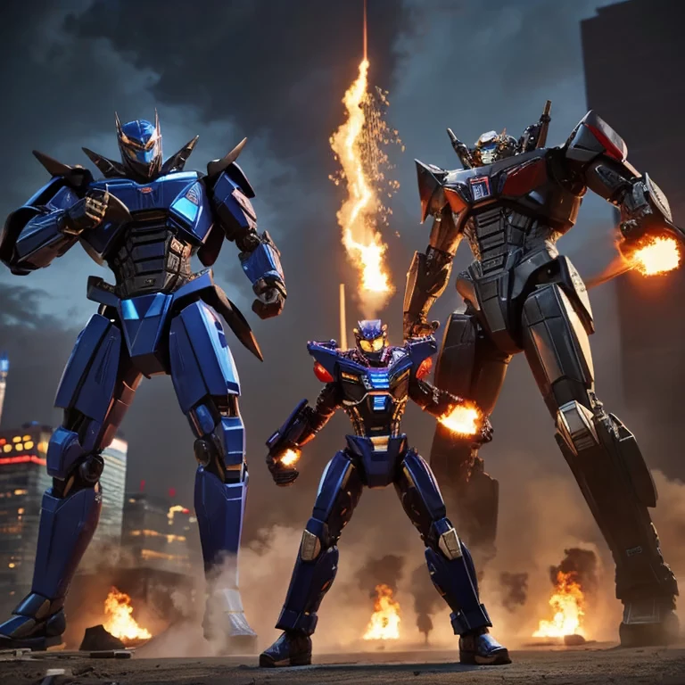 A transformer based on a spider (Decepticon) fights a transformer themed around a Cheetah (Autobot), robot battle in New York, explosions, high action