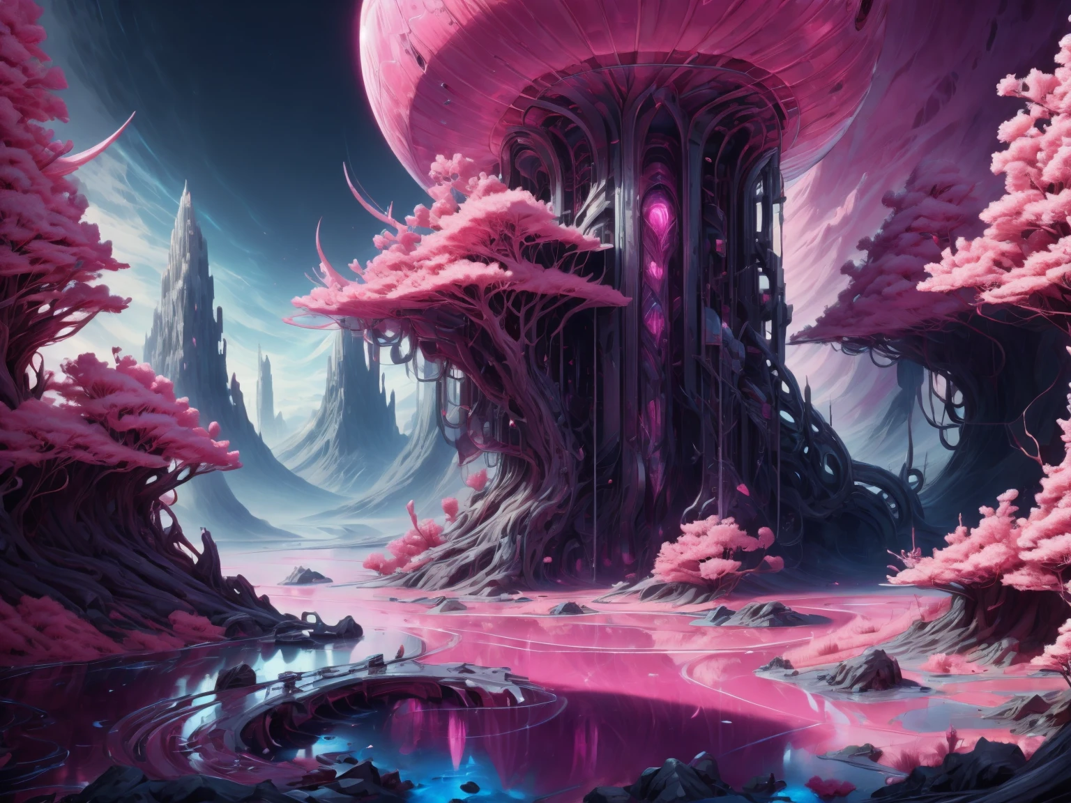 ((Best Quality)), ((Masterpiece)), ((Realistic Digital Art)), (Ultra Detailed), DonMR0s30rd3r Mythological Landscape Hiking Trail, Pink Valley, Dawn, Swamp Birds, Octane Rendering, Ray Tracing, Volumetric Lighting, Backlighting, Rim Lighting, Blue Land, 8K, HDR,((Best Quality)), ((Masterpiece)), ((Realistic Digital Art)), (Ultra Detailed), DonMR0s30rd3r Mythological Landscape Hiking Trail, Pink Valley, Dawn, Swamp Birds, Octane Rendering, Ray Tracing, Volumetric Lighting, Backlighting, Rim Lighting, Blue Land, 8K, HDR,
