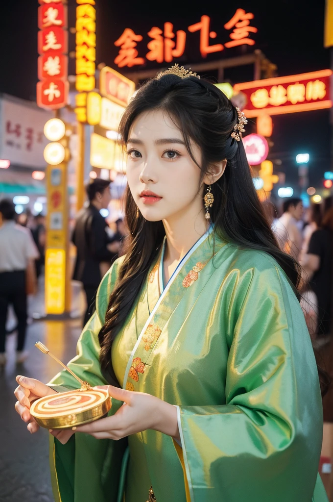 (((best quality))),(((ultra detailed))),(((masterpiece))),illustration,1girl, Korean traditional Costume, summer night, Yanbian Korean Autonomous Prefecture, street, neon signs, beautiful, vibrant, detailed facial features,medium hair, elegance, cultural atmosphere, bustling city, colorful advertisements, reflections, lively atmosphere, street food aroma