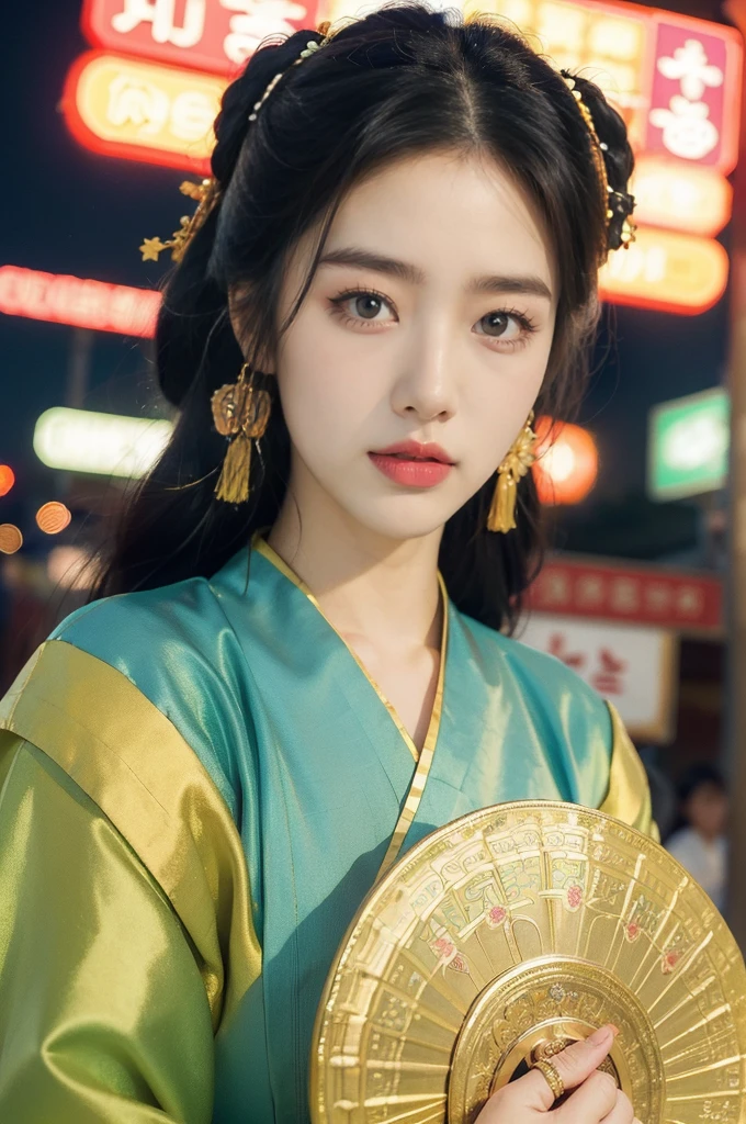 (((best quality))),(((ultra detailed))),(((masterpiece))),illustration,1girl, Korean traditional Costume, summer night, Yanbian Korean Autonomous Prefecture, street, neon signs, beautiful, vibrant, detailed facial features,medium hair, elegance, cultural atmosphere, bustling city, colorful advertisements, reflections, lively atmosphere, street food aroma