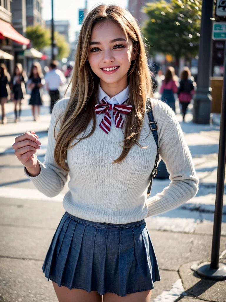 (smile)、Cute Girl、fun、(((smile)))、high school girl、((Schoolgirl uniform))、(The eyes are light brown)、(((Droopy eyes))),Ultra-realistic、photograph、(((Pedestrian precinct)))、Short skirt、 The face is very beautiful、Clear eyes、(((Eyes with big eyes)))、Pedestrian precinct、intersection、Japanese girls' high 、 bench、Dark blue pretz skirt、Large bust、((Sexy young woman's body:1.4))、