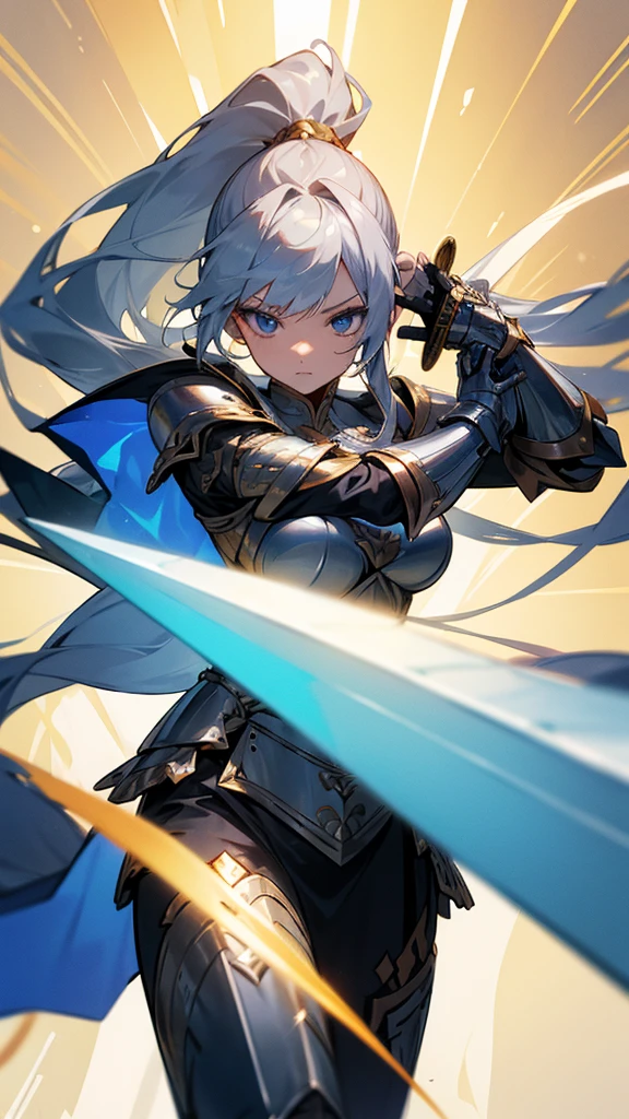 (Long Hair) (Golden Hair) (Silver Armor) (Light background) (Dark blue eyes) (Carry a long sword),beautiful girl,One person,hold a long sword,ponytail,skirt