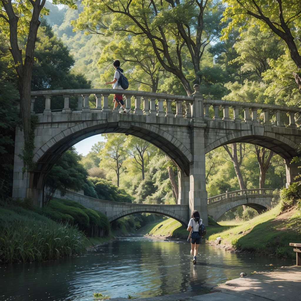 A person walking over a bridge with trees asian