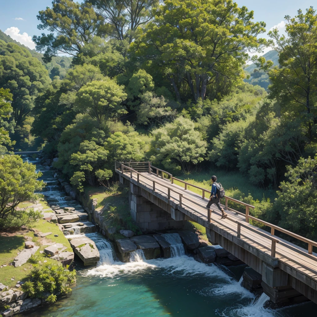 A person walking over a bridge with trees asian