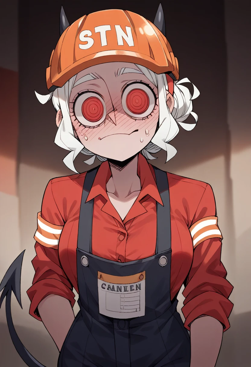 A female construction worker wearing an Adrian helmet, as a Helltaker demoness with chin length hair