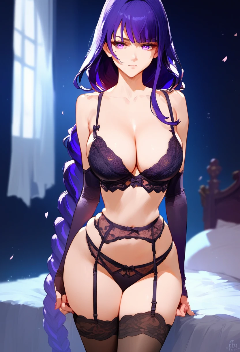 (score_9,score_8_up,score_7_up,source_anime,),raiden shogun, genshin impact, lingerie,big tits, standing, , black background, garter belts,