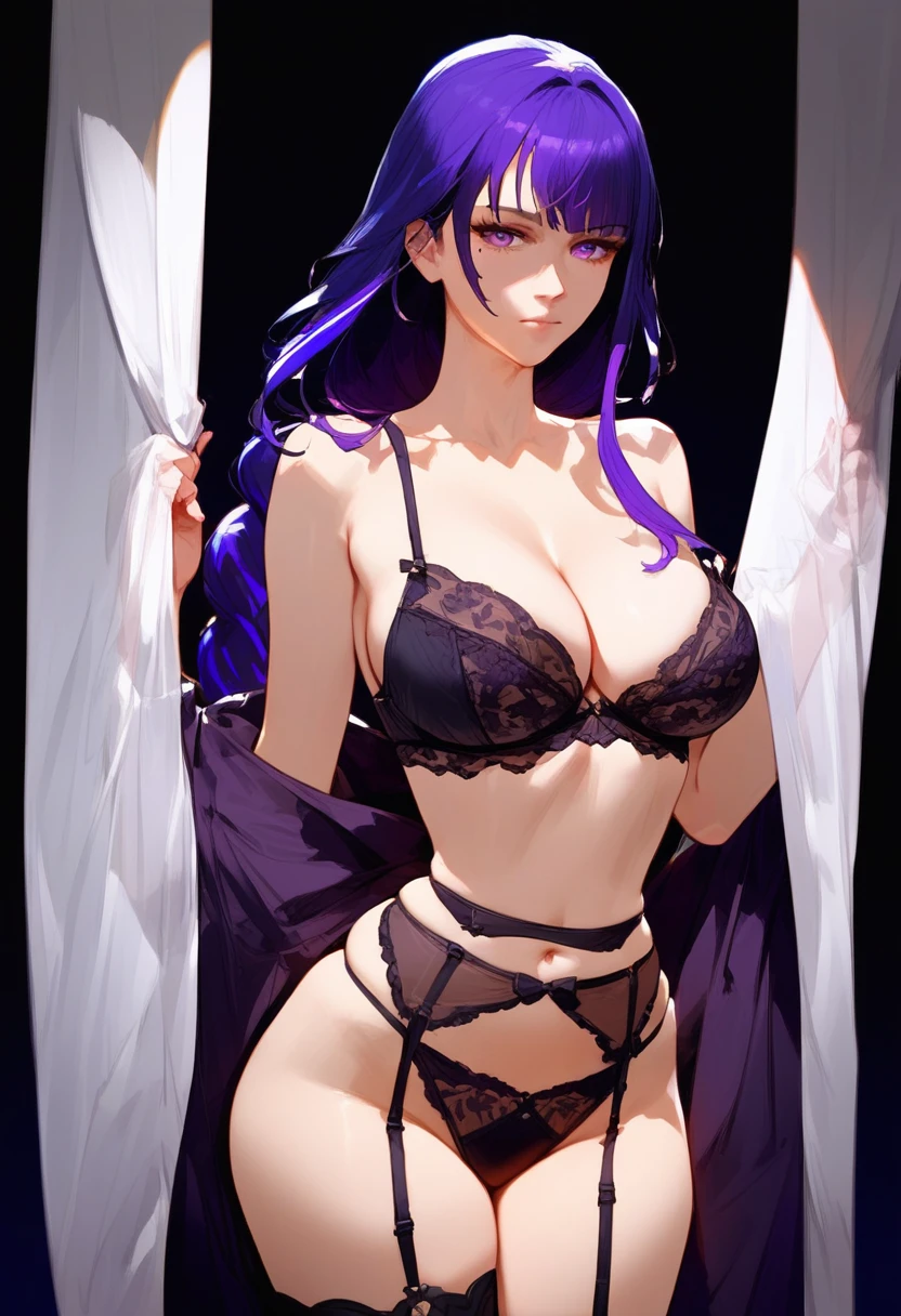 (score_9,score_8_up,score_7_up,source_anime,),raiden shogun, genshin impact, lingerie,big tits, standing, , black background, garter belts,