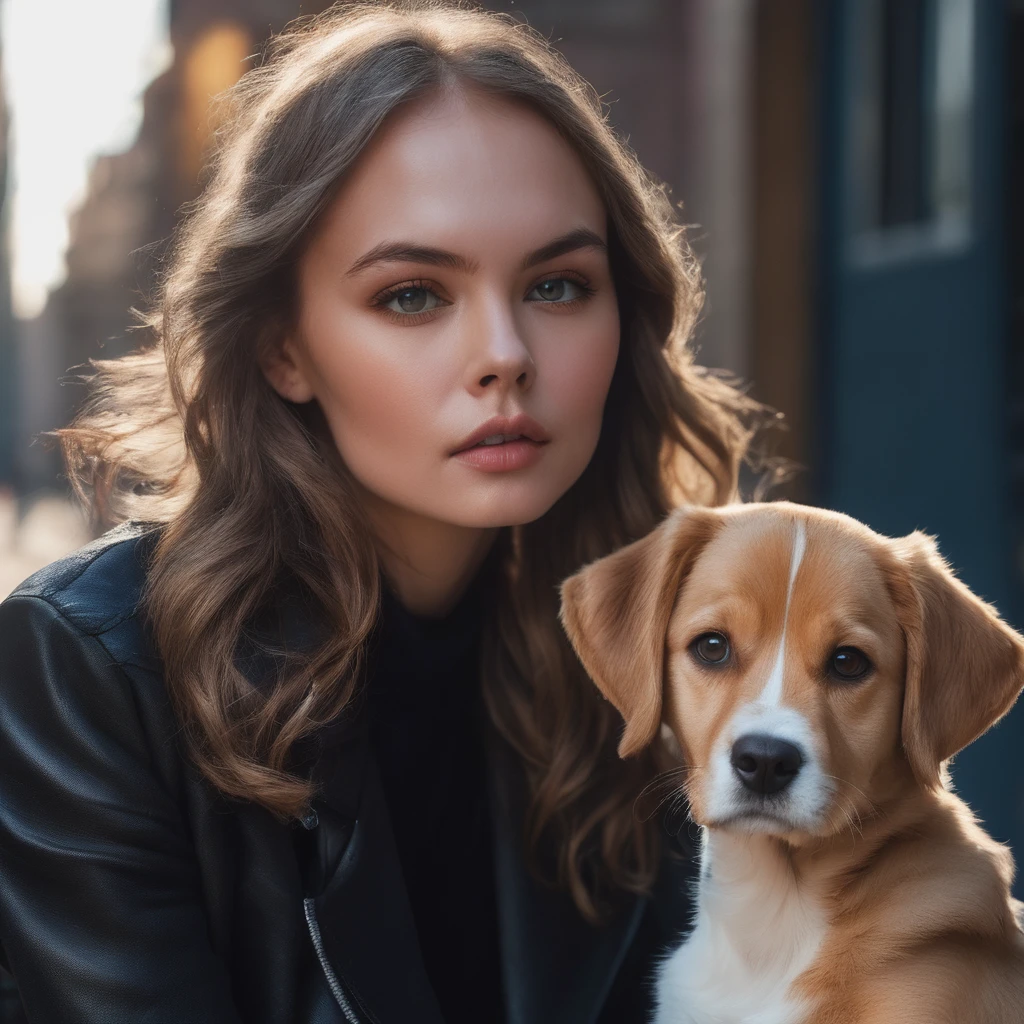 anastasia_shcheglova, instagram photo of a woman in a black jacket, sitting next to a cute dog, posing for the camera, ((perfect eyes, detailed eyes,realistic eyes)), ((sharp face, detailed face, realistic face, naturtal skin, realistic skin, detailed skin, pores)), (masterpiece, best quality, ultra-detailed, best shadow), high contrast, (best illumination), ((cinematic light)), colorful, hyper detail, dramatic light, intricate details, (1 girl, solo) , ultra detailed artistic photography, dreamy, backlit, shadows, ultra high definition, 8k, ultra sharp focus, ultra high quality model, soft lighting, film photography, analogue photography, hyperrealism,