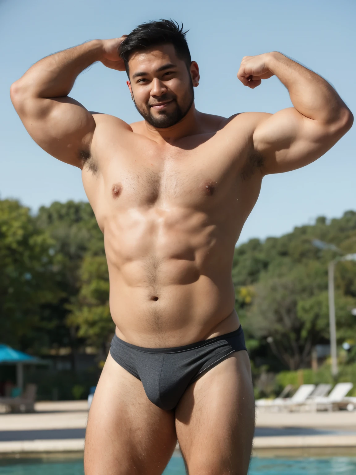 1man, asian, 30 years old, body hair, (((muscle chub))), yellow trunks, shirtless, handsome