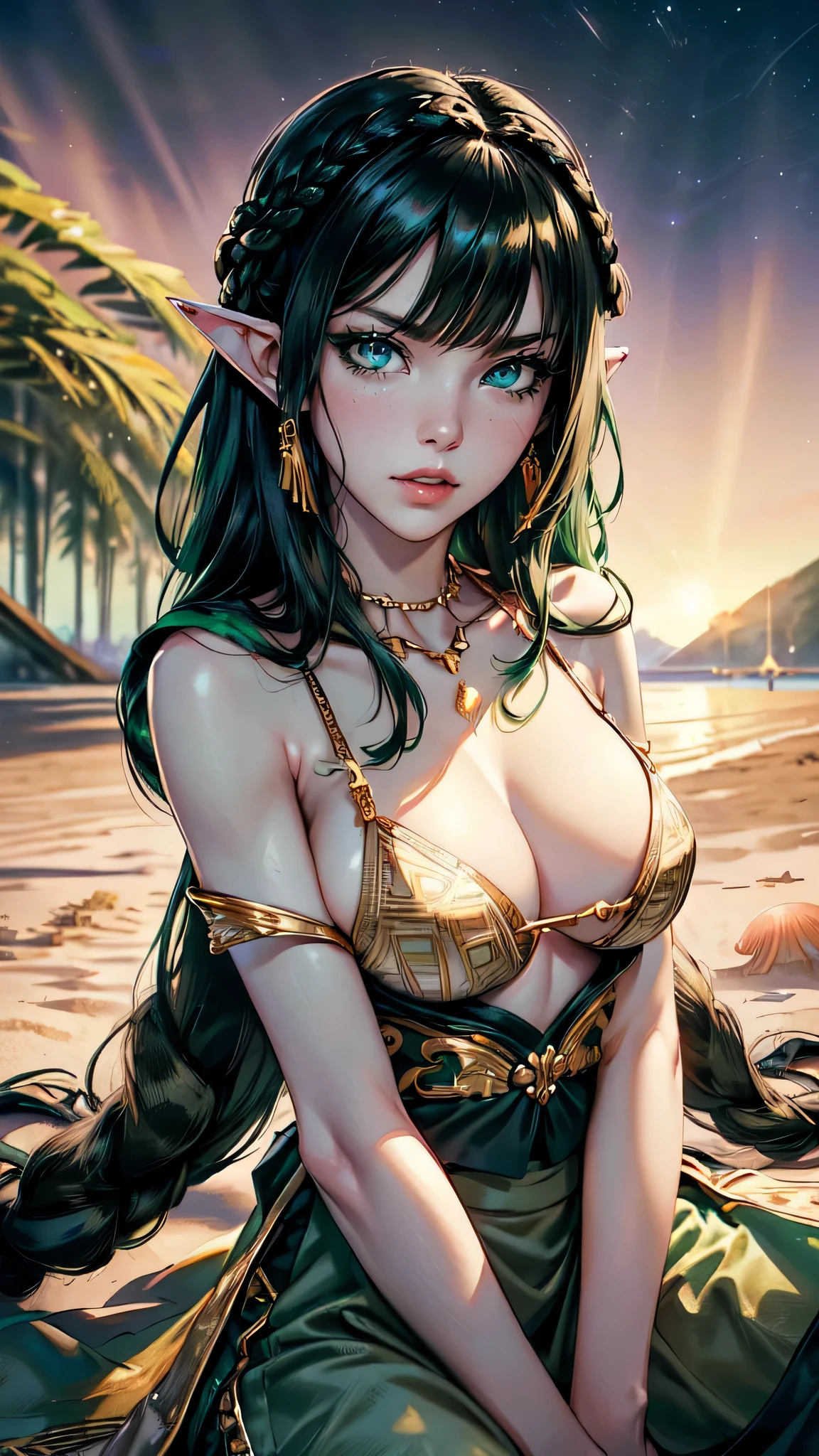 1 beautiful young princess, ((beautiful princess no longer a child:1.8)), ((wearing a black armored dress with gold trim in ancient hanfu style:1.6)), (((Exquisite patterns on the skirt:1.6))), ((braided hair with long black bangs: 1.6)), ((long bangs:1.6)), ((hair jewelry:1.9)), ((upper body gold jewelry:1.9)), ((Very delicate gold necklaces:1.7)), ((earrings with emeralds:0.8)), noble, noble style of an extremely beautiful girl, super cute little face, very pretty face, fur thin eyebrows, flawless beautiful face, ((black eye pupils: 0.8)), very beautiful eyes, ((green eyes eyes: 1.6)), beautiful makeup and detailed hairdo, eyelashes, eye makeup wet, high nose, earrings, red lips, ((closed mouth: 1;5 )) beautiful lips, slim hands, ((arms spread out to the sides: 1.7)), rosy face, clean face, flawless beautiful face, smooth white skin, firm breasts, nice cleavage, ((super big and round breasts: 1.6)), beautiful breasts, perfect body, ((Sit back and puff out your chest, arms behind you:1.6)), 8k photos, super high quality, super realistic, super 10x pixels, optical, bright studio, bright edges, two-tone lighting, (high detail skin:1.2), super 8k, soft lighting , high quality, volumetric light, optical, optical high resolution, light, best photo, 4k, 8k quality, blur effect, smooth sharpness, 10 x pixels, ((beach at night background:1.5)), aurora, lightning, super realistic graphics, most realistic graphics, alone, solo, Extremely sharp, surreal images, (((frontal portrait: 1.3)))."detailed eyes, detailed hands, detailed face,colors, full body, long legs,elf woman