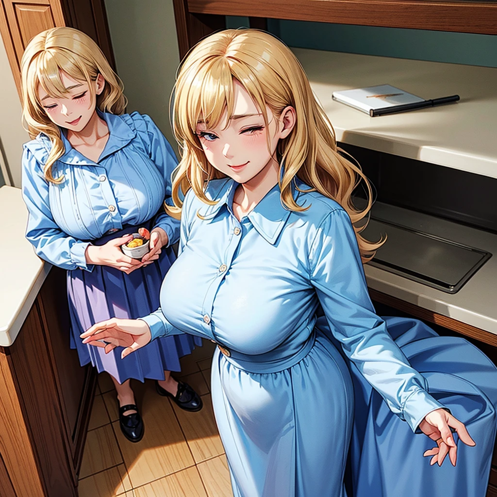 Anime, 2d anime, cartoon anime, detailed illustration, dynamic angle, ultra-detailed, illustration, full body shot, 1girl, 1950’s stay at home wife, button up blouse and long skirt, anime half closed eyes. A knowing smile, standing in kitchen, domestic goddess, blonde white American woman
