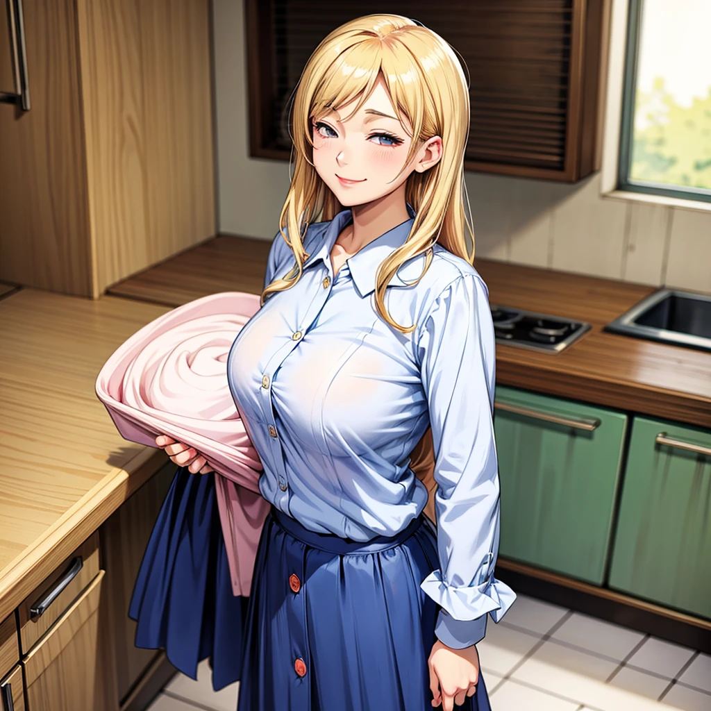 Anime, 2d anime, cartoon anime, detailed illustration, dynamic angle, ultra-detailed, illustration, full body shot, 1girl,  1950’s stay at home wife, button up blouse and long skirt, anime half closed eyes. A knowing smile, standing in kitchen, domestic goddess, blonde white American woman