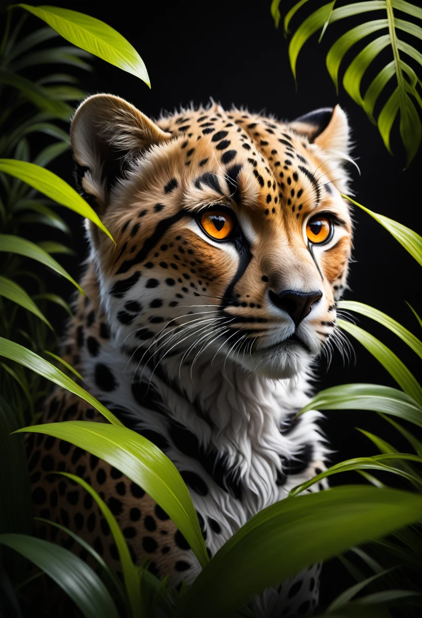 Lush plants,1 cheetah and cub in the jungle, Deep orange eyes, black and white, black background, (best quality,4K,8K,high resolution,masterpiece:1.2),Extremely detailed,(Practical,photoPractical,photo-Practical:1.37),Highly detailed animal portraits, Dramatic Lighting, Powerful predator, Intense expression, Fascinating eyes, Smooth spotted fur, muscular, Low angle shot, Close-up view, Minimalist composition, High contrast water drops on leaves