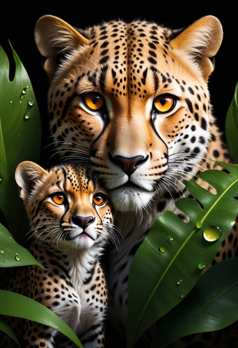Lush plants,1 cheetah and cub in the jungle, Deep orange eyes, black and white, black background, (best quality,4K,8K,high resolution,masterpiece:1.2),Extremely detailed,(Practical,photoPractical,photo-Practical:1.37),Highly detailed animal portraits, Dramatic Lighting, Powerful predator, Intense expression, Fascinating eyes, Smooth spotted fur, muscular, Low angle shot, Close-up view, Minimalist composition, High contrast water drops on leaves
