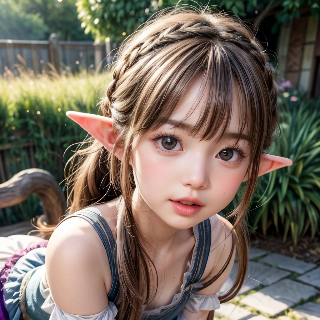 muste piece、highest quality、An illustration、Super fine、Fine、High resolution、8k wallpaper、perfect dynamic composition、((elf))、(((Full body Esbian)))、((from below))、15 year old pretty girl、detailed beautiful face、Detailed and cute eyes、fine-textured skin、flushed cheeks、shy、(short cut hair:1.3)、(Wavy blonde hair)、small breasts、bold sexy pose、smile、((nude))、small breasts、between the legs、Small ass、thin butt、Please generate above the eaves.、thin shoulders、In underwear、
