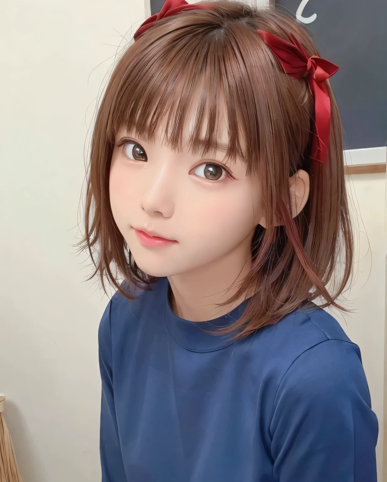 8K、masterpiece、Highest quality、High resolution、Super Resolution、Very detailed、 ((Close-up shot of face)) 、(1. Cute girl、()、slim、thin、Flat Body)、Realistic skin texture、Professional lighting and shadows、Navy crew neck dress、Red hair ribbon、broom、