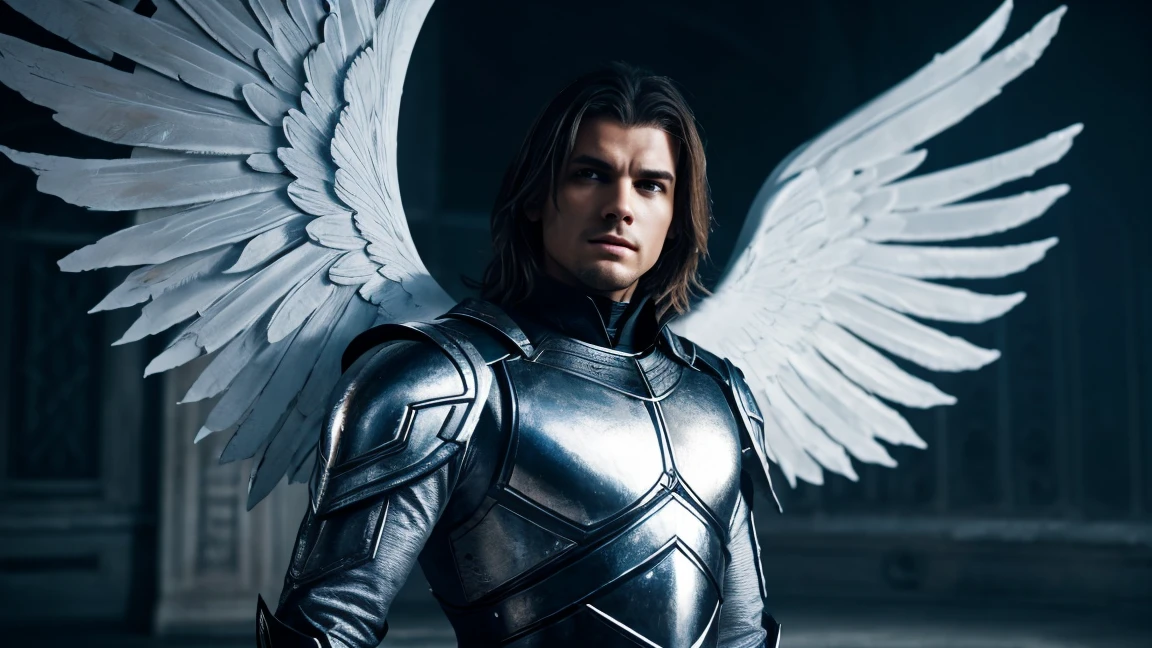 Close-up Beautiful male Angel; dressed in silver metallic armor, has beautiful white wings; the scene is cold and dark, the atmosphere is damp and gloomy; Cinematic image; photo realistic; high contrast