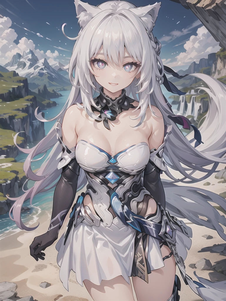 (extremely detailed CG, best qualityer:1.1), 1 girl, face perfect, shiny pupils, (beautiful finely detailed eyes:1.1), ((wolf ear)), (((Wolf tail))), looking at the landscape from the top of the mountain, Broad Hips, narrow waisted, beautiful smile, longskirt (badass clothing), boots with leather trim, elbow gloves, dynamic angle