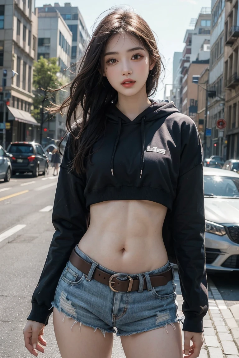 Girl in street scene, Hip-hop belly-baring hoodie, Long sleeve，Exposed lower abdomen，Low-rise shorts, Metal belt,((cowboy shot))，Looking at the camera，Detailed facial features, beautiful eyes, Lips, and long eyelashes, Reality, 8K， HD real skin，Visible pores，Very detailed, Studio Lighting, Dramatic Lighting, Vibrant colors, work, City Streets，The abdomen is open，Showing belly，Sexy abdominal muscles