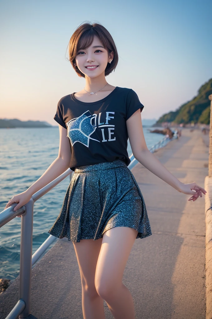 1woman, idol, short hair, brown hair, starry sky, sea, 20 years old, angle from below, smile, short t-shirt, short skirt