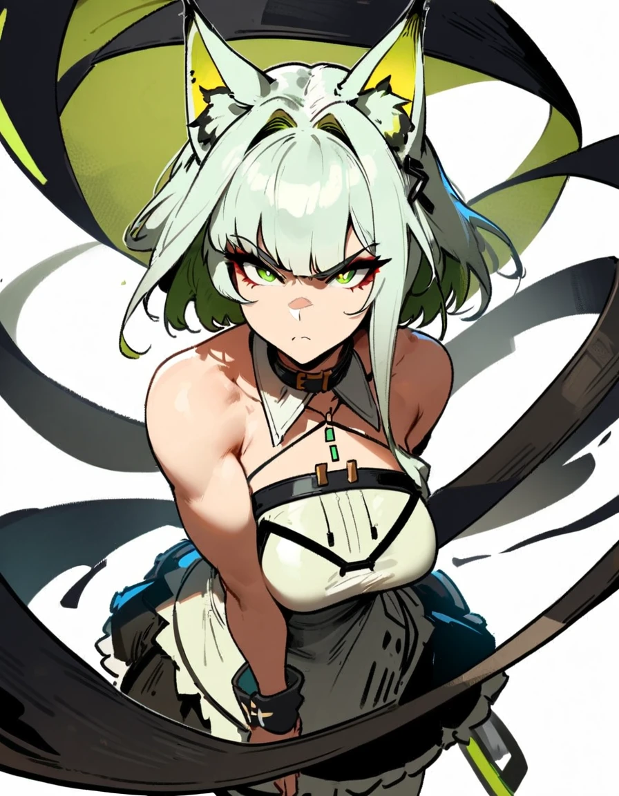 1girl, kal'tsit \(arknights\), arknights \\\\\ masterpiece, best quality, very aesthetic, absurdres, newest \\\\\\ slim body,///// ,by nyantcha,cutesexyrobutts , by khyle,,////// beautiful face, sexy, serious, angry, green eyes, animal ears, big tits,  in the center of the frame,full body ,  solo,maid uniform, (white background:1.2),skirt