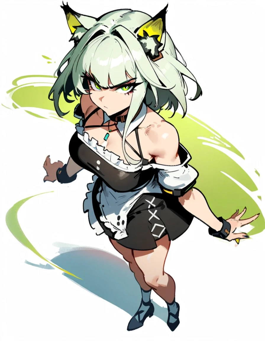 1girl, kal'tsit \(arknights\), arknights \\\\\ masterpiece, best quality, very aesthetic, absurdres, newest \\\\\\ slim body,///// ,by nyantcha,cutesexyrobutts , by khyle,,////// beautiful face, sexy, serious, angry, green eyes, animal ears, big tits, in the center of the frame,full body , solo,maid uniform, (white background:1.2),skirt