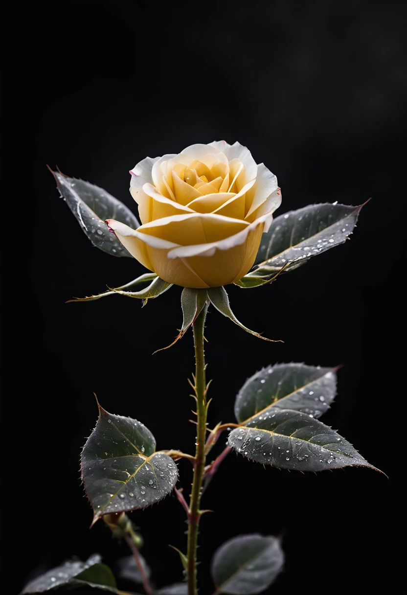 A black background with a very small golden rose in the middle of the black background with white transparent fogs surrounding it, giving a dark and mysterious vibe on the flower. 