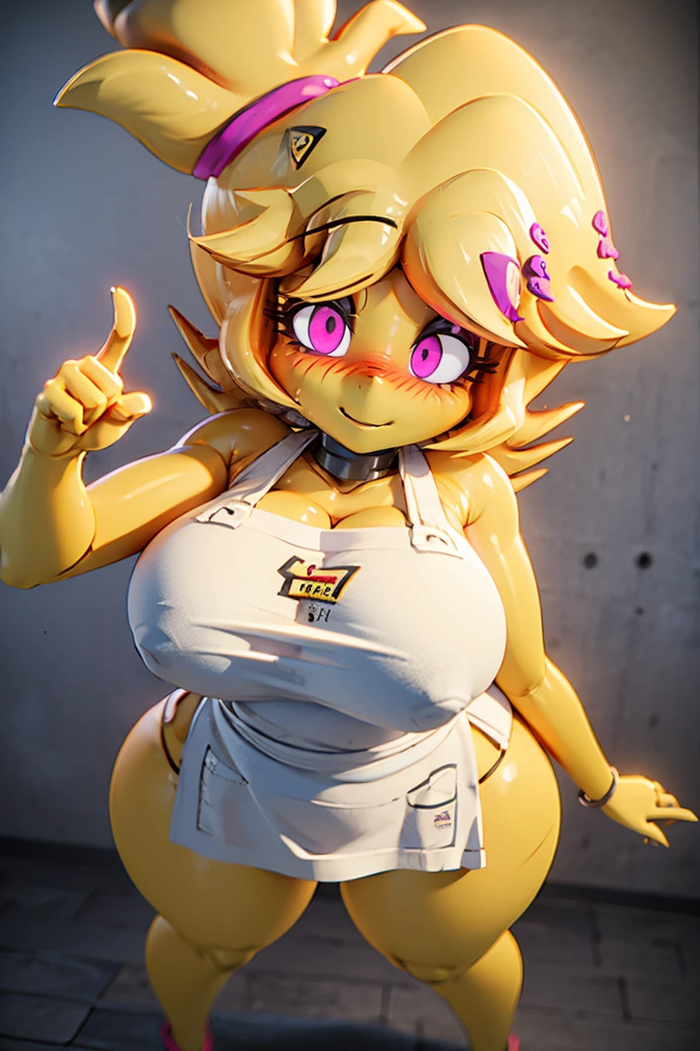 (master piece: 1.1), (chiku), wearing long tabard apron end in the hips, aultra-detailed, 2d style, sexy, woman, yellow skin, yellow hair, big thick, big breast, thick thighs, pink eyes, blushing, dynamic Pose, dynamic angle, lazy eyes, smiling, full body view, eyes at the viewer, pointing at the viewers, white background