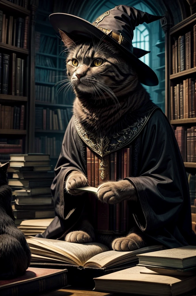 A cat sitting on a pile of books in a wizard library, wearing a black wizard hat, anime style, cozy magical atmosphere