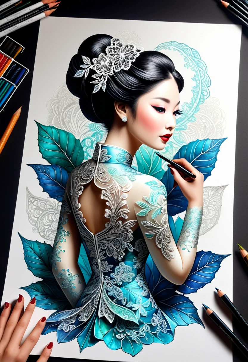Sur une feuille de papier posée sur un grand bureau, Dessiner une figurine 4D de style encre uhd époustouflante et à couper le souffle, portant une sublime Cheongsam dress très détaillé en dentelle fractal, effet holographique qui sort de la feuille de dessin, dessin extrêmement détaillé, hyperréaliste, Des détails sublimes. Un travail vraiment remarquable, travail joyeux et sensuel, (grosse poitrine effet push-up qui semble sortir de la feuille de dessin), (elle saute hors de la feuille de dessin)