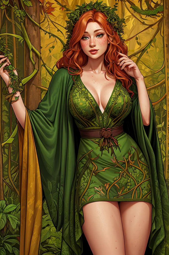 rubenesque woman, standing in a forest glade, woman, reddish-blonde, freckles, ((covered in vines)), druidess, vines, robe of vines and leaves, pinup, ((see-though)) clothes
