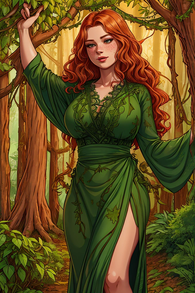 rubenesque woman, standing in a forest glade, woman, reddish-blonde, freckles, ((covered in vines)), druidess, vines, robe of vines and leaves, pinup, ((see-though)) clothes

