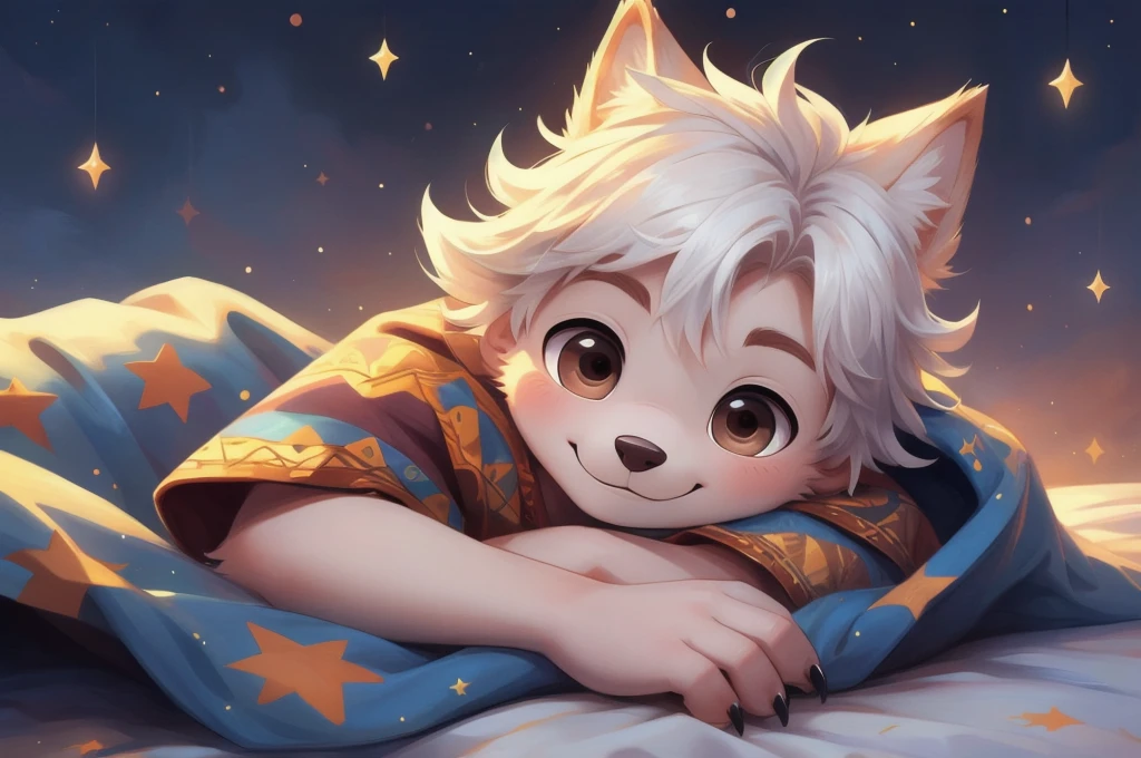 a highly detailed portrait of a sleeping young boy with white hair, wearing a blue star-patterned blanket, looking directly at the camera with beautiful brown eyes, an adorable smile, the face and eyes extremely detailed, in a cartoon art style, on a pure white background, with intricate fur, claws, and a serene expression, a masterpiece