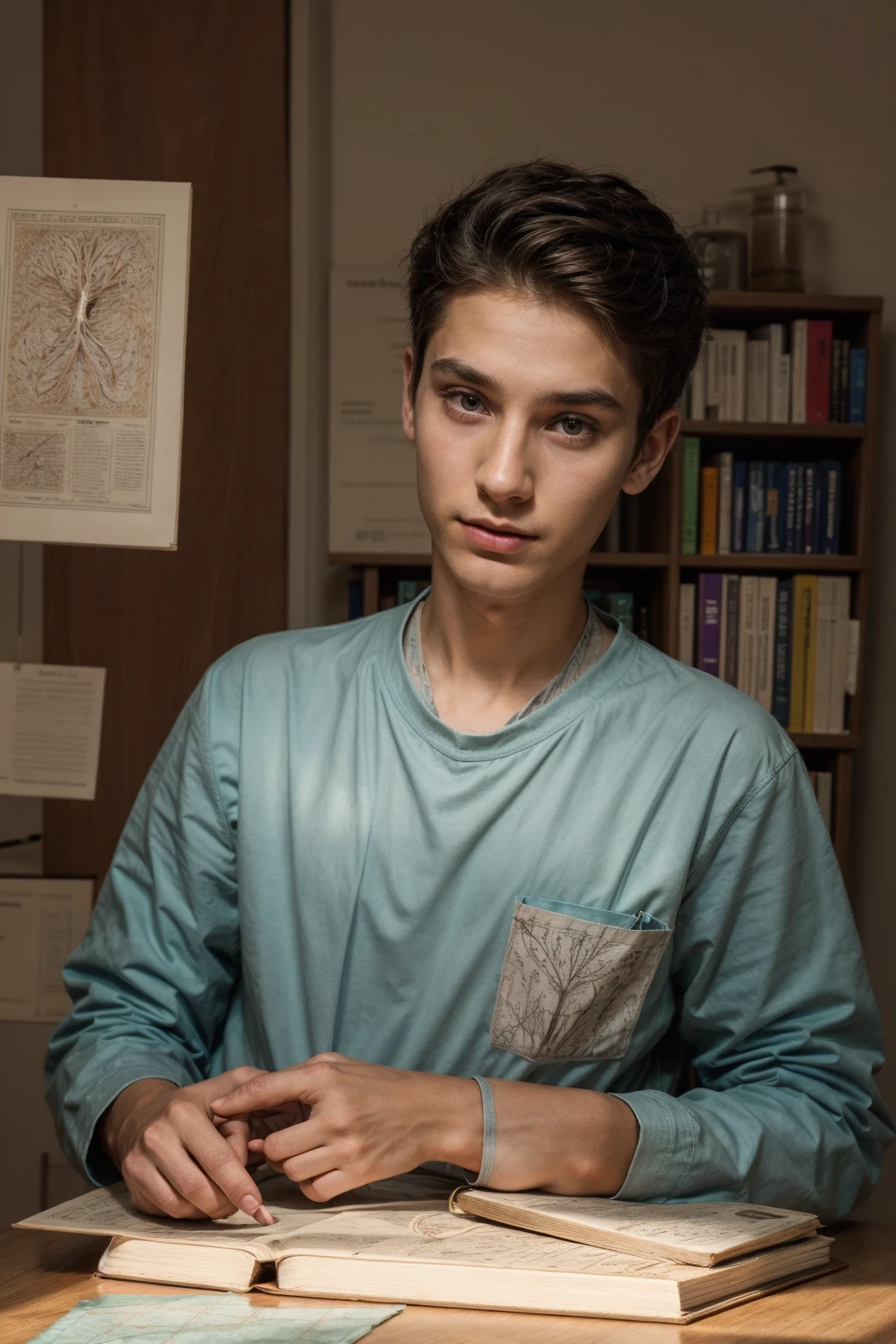 A young male twink, cute and beautiful, with a beautiful face with makeup and blush, and black hair, and his eyes have dark circles under them. He is wearing a long-sleeved aquamarine shirt and white jeans. He is in his scientific office, studying on the blackboard with brain written on it, and on his desk are medical and scientific books. Brain manuscripts and behind them a blackboard with drawings of on them.