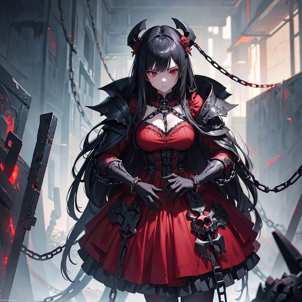 a woman in a red dress surrounded by skulls, concept art, by Yang J, gothic art, ((chains)), guweiz, detailed fanart, portrait gapmoe yandere grimdark, demon woman, blind, but the armor covers her face, of dark, no faces, trending on cgstation, detailed key anime art, sakimi, anime artwork