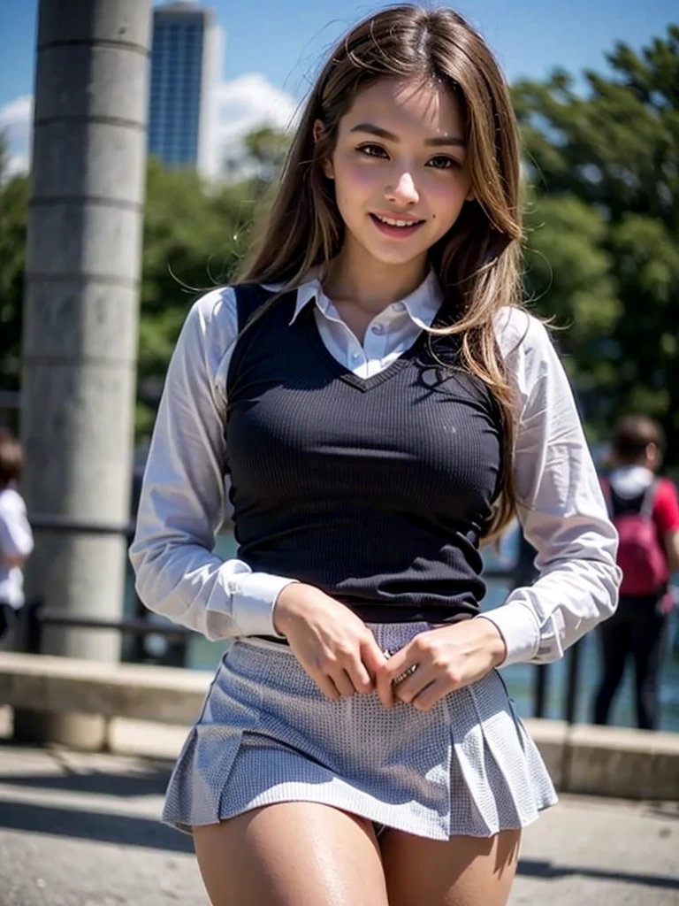 (smile)、Cute Girl、fun、(((smile)))、high school girl、((Schoolgirl uniform))、(The eyes are light brown)、(((Droopy eyes))),Ultra-realistic、photograph、(((Pedestrian precinct)))、Short skirt、 The face is very beautiful、Clear eyes、(((Eyes with big eyes)))、Pedestrian precinct、intersection、Japanese girls' high 、 bench、Dark blue pretz skirt、Large bust、((Sexy young woman's body:1.4))、