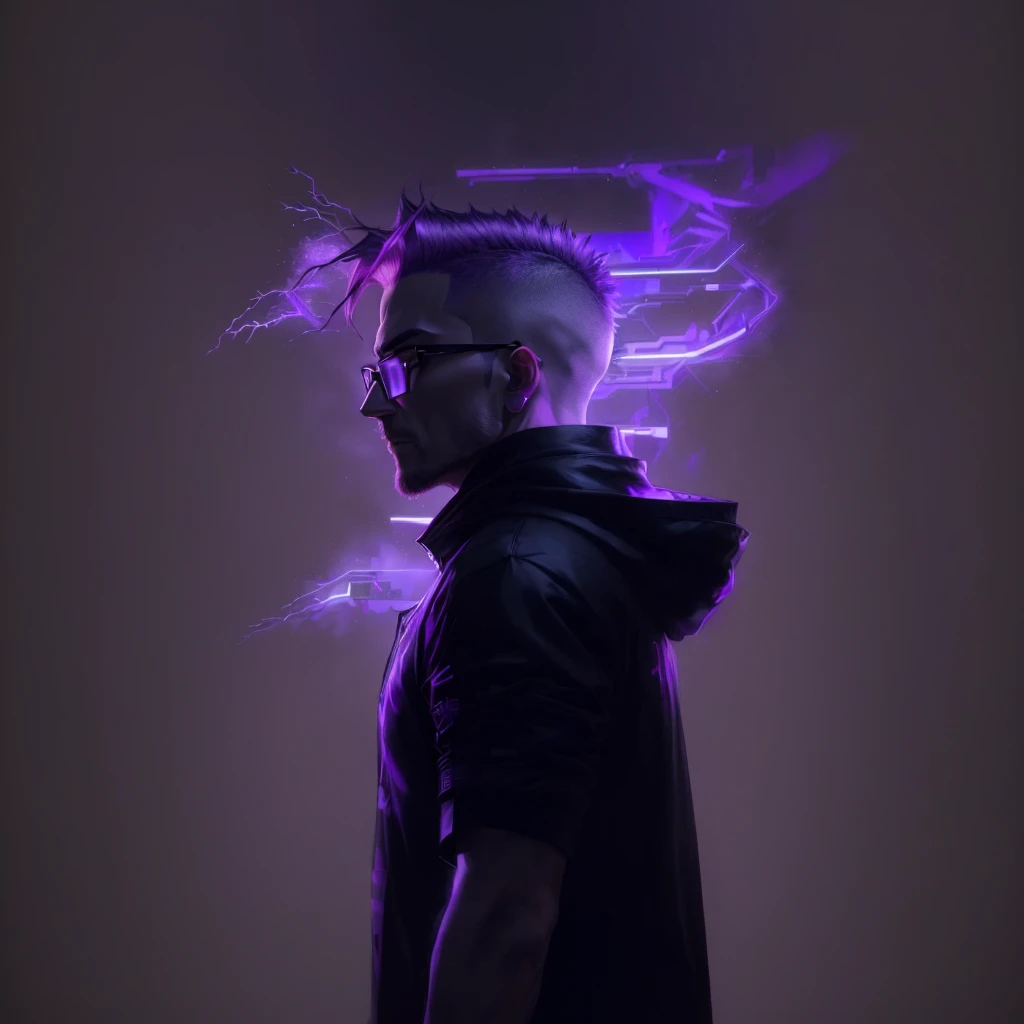 edgy man with purple hair and glasses in a black shirt, highly detailed vfx portrait, jared aura and wires, amazing lighting effect, extremely moody purple lighting, darksynth character portrait, nft portrait, 8k portrait rendering, epic and stylish portrait, portrait of a cyberpunk man, Cyberpunk portrait, high quality portrait, 8K portrait photo, profile portrait