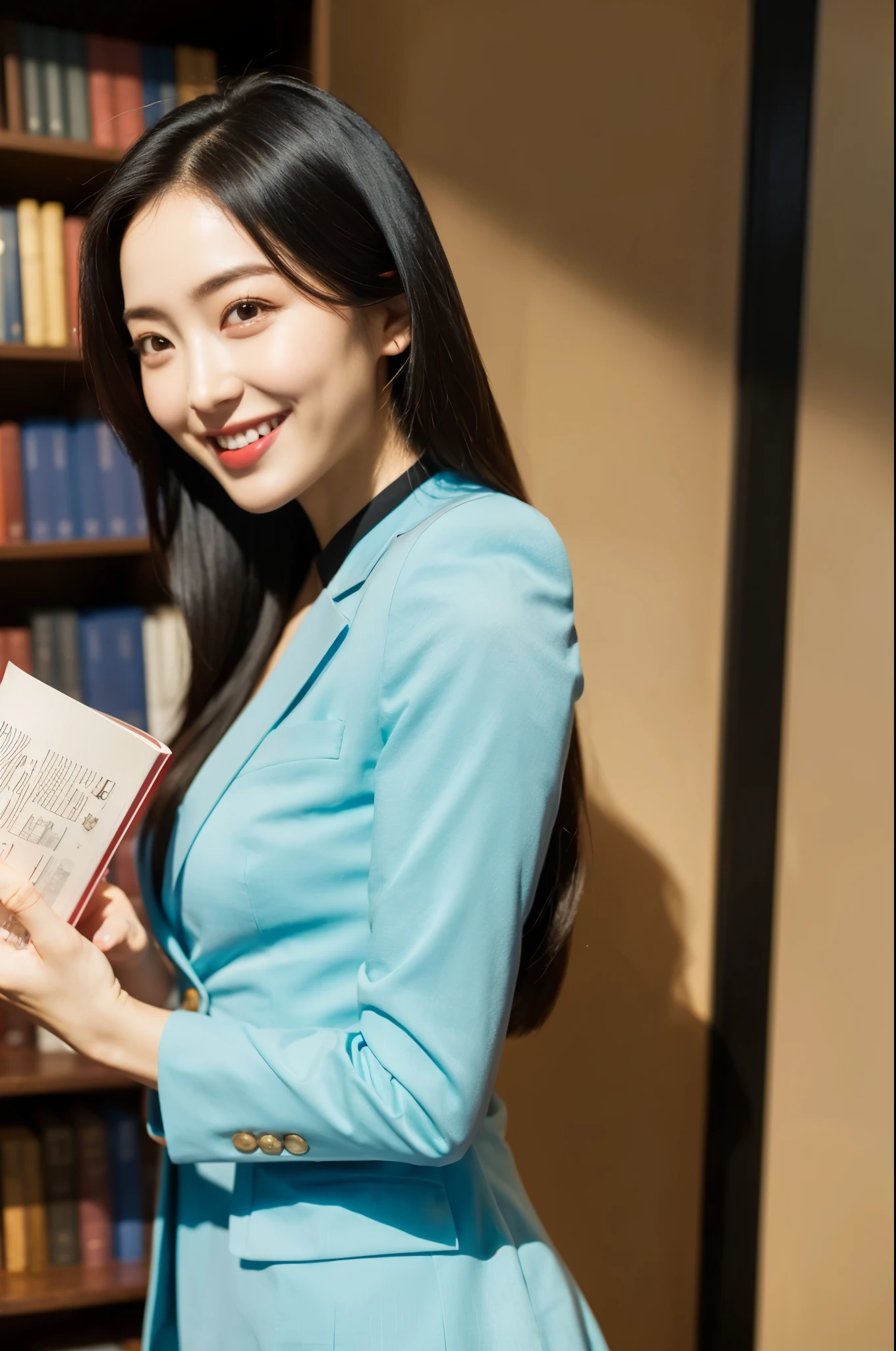 (8k、RAW Photos、highest quality、masterpiece:1.2)、(Realistic、Realistic:1.37)、Very detailed、超A high resolution、1 girl、View your audience、Beautifully detailed face、A smile showing just a few teeth、narrow、(Slim waist) :1.3)、((Wearing a suit))、beautifully detailed skin、Skin Texture、Floating Hair、Shapely large breasts、Professional Lighting、Bright room、Bright library、Human whole body、Black Hair、I have a book、