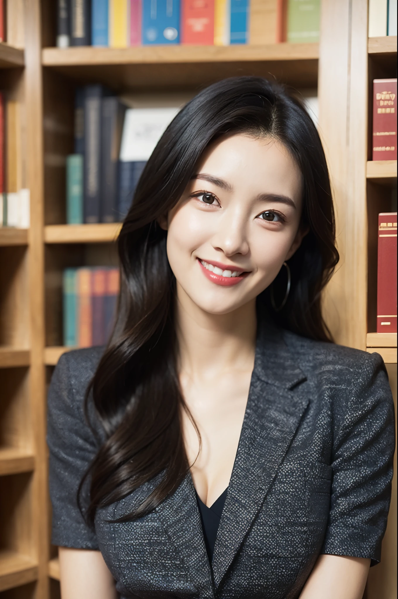 (8k、RAW Photos、highest quality、masterpiece:1.2)、(Realistic、Realistic:1.37)、Very detailed、超A high resolution、1 girl、View your audience、Beautifully detailed face、A smile showing just a few teeth、narrow、(Slim waist) :1.3)、((Wearing a suit))、beautifully detailed skin、Skin Texture、Floating Hair、Shapely large breasts、Professional Lighting、Bright room、Bright library、Human whole body、Black Hair、I have a book、
