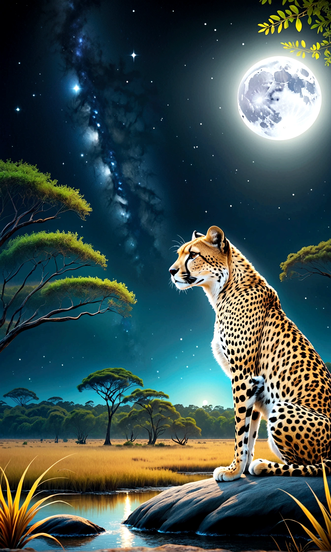 ((Drawing a savannah landscape under the moon)),A cheetah looking up at the sky,This is a scene that rose from the depths of sadness and despair.,The theme is "A night of sad and beautiful memories",Match the overall atmosphere of the painting to the theme,starry skies,stardust,savannah night,Sparkling,anatomically correct,perfect anatomy,Intricate details,Wide range of colors,artwork,rendering,(masterpiece:1.3),(highest quality:1.4),(Super detailed:1.5),High resolution,Very detailed,unity 8k wallpaper,Decadent,Wind