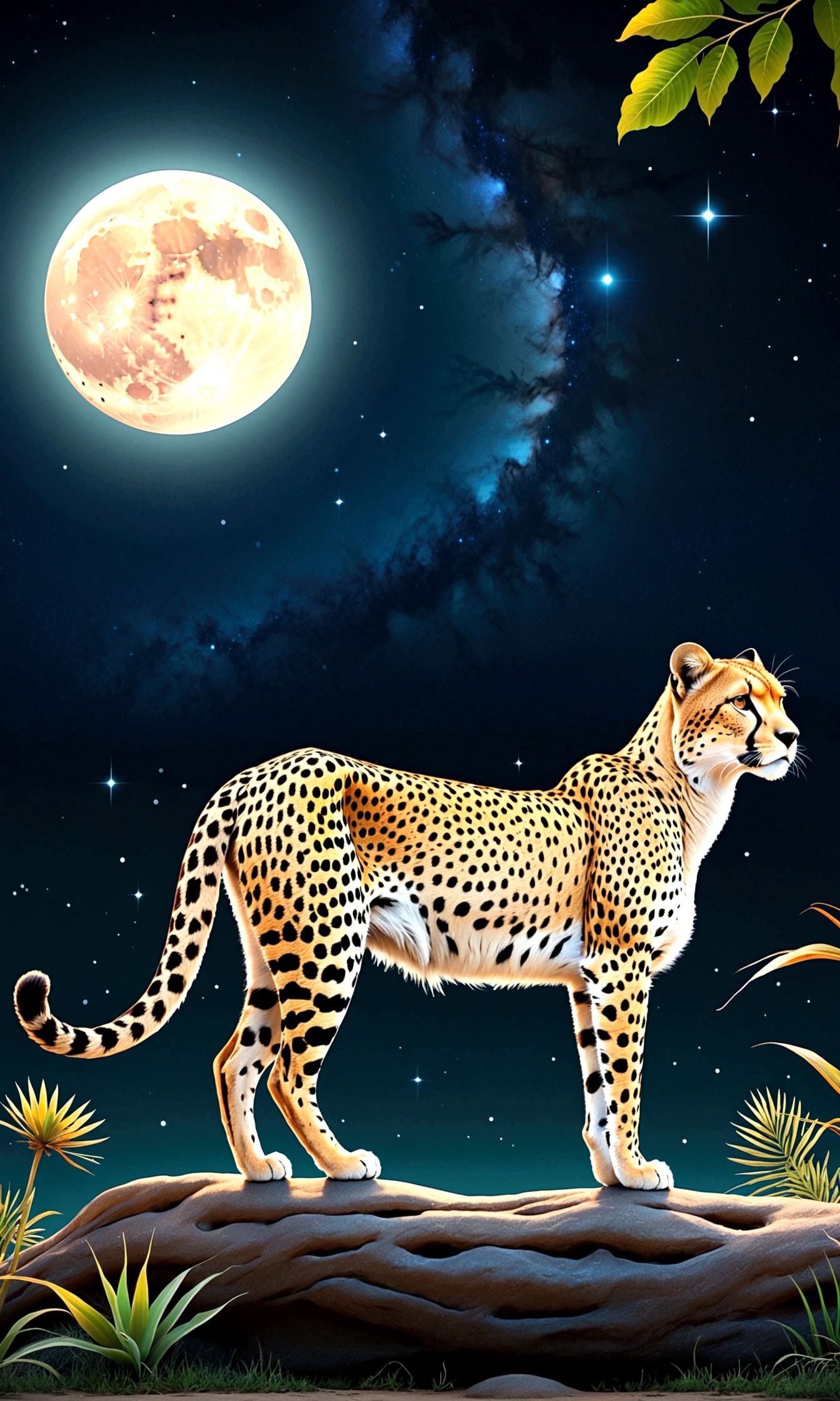 ((Drawing a savannah landscape under the moon)),A cheetah looking up at the sky,This is a scene that rose from the depths of sadness and despair.,The theme is "A night of sad and beautiful memories",Match the overall atmosphere of the painting to the theme,starry skies,stardust,savannah night,Sparkling,anatomically correct,perfect ,Intricate details,Wide range of colors,artwork,rendering,(masterpiece:1.3),(highest quality:1.4),(Super detailed:1.5),High resolution,Very detailed,unity 8k wallpaper,Decadent,Wind