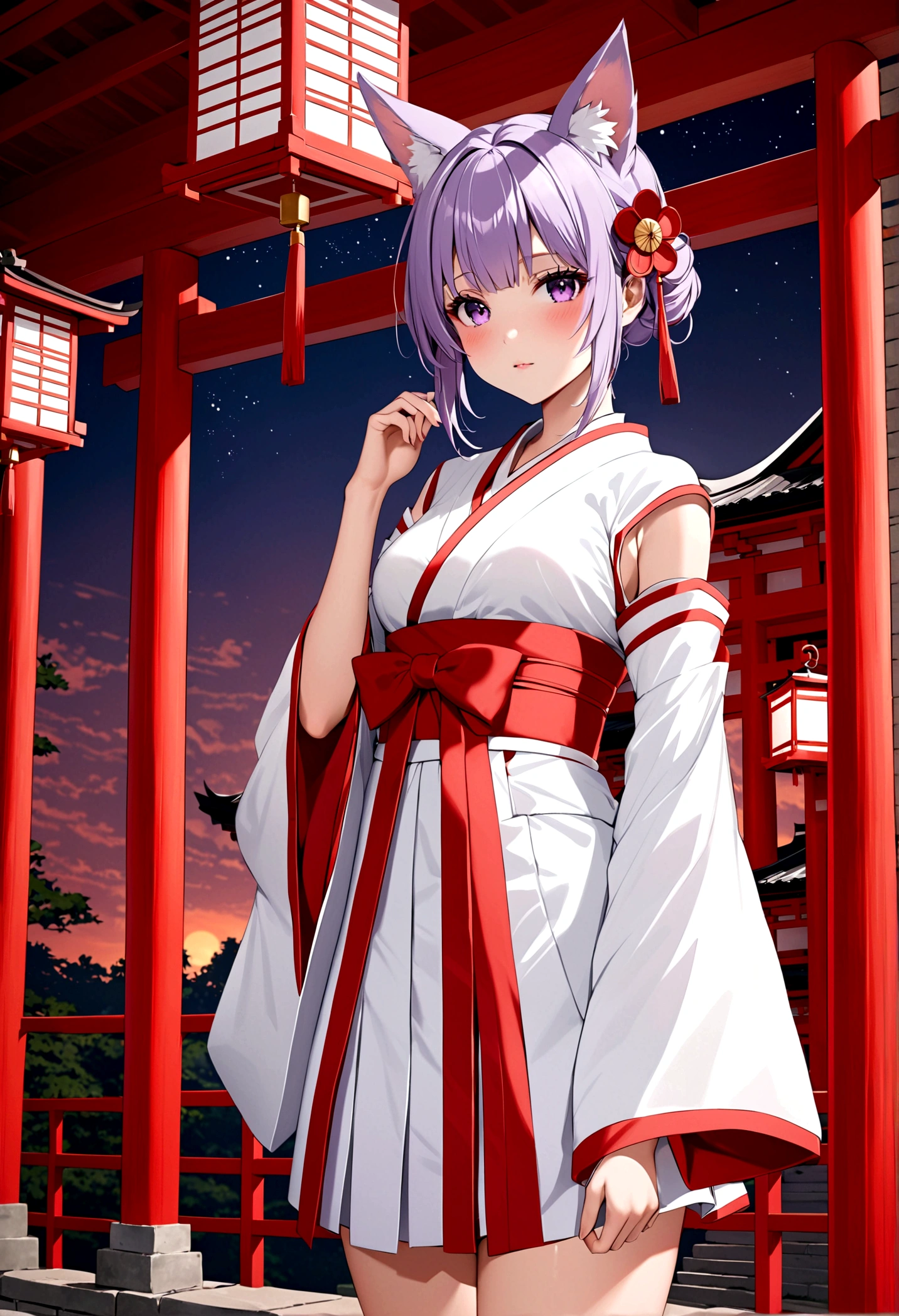 (best quality:1.4), high resolution, masterpiece,, 1 Girl,, Lilac hair, Purple Eyes, (Kemomimi), Medium breasts, Bare slender thighs,, Hair accessories, (Red|White Japanese shrine maiden costume), Separate sleeves,, blush,, lantern, shrine,, Delicate face,